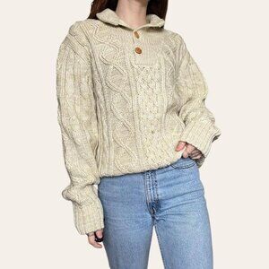 70s vintage cable knit neutral quarter button collared fisherman sweater Large